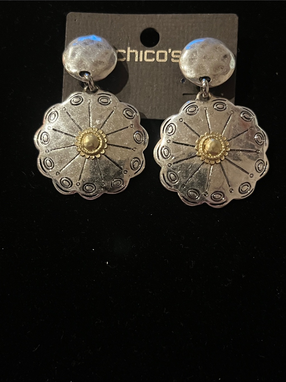 Chico's Silver-Tone Clip Floral Drop Earrings with Gold Accent